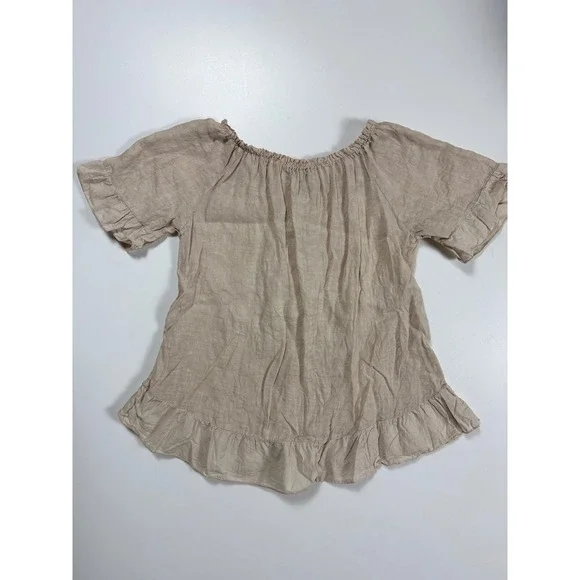 Terzo Millennio Italy Linen Peasant Blouse Beige Ruffle Hem Boho Top Womens M - Picture 6 of 6